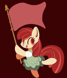 Size: 886x1024 | Tagged: safe, artist:tohupo, apple bloom, earth pony, pony, g4, clothes, cute, dress, female, filly, flag, hoof hold, looking at you, open mouth, red background, simple background, skirt, smiling, solo