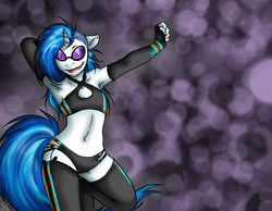 Size: 1800x1400 | Tagged: safe, artist:collaredginger, dj pon-3, vinyl scratch, anthro, g4, abstract background, alternate hairstyle, armpits, belly button, clothes, dancing, evening gloves, gloves, long gloves, midriff, open mouth, sexy, socks, thigh highs, undercut