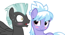Size: 1403x771 | Tagged: safe, artist:artpwny, artist:lunaticdawn, edit, cloudchaser, thunderlane, pony, g4, blushing, female, looking at each other, looking at someone, male, open mouth, pinpoint eyes, ship:thunderchaser, shipping, smiling, spread wings, straight, sweat, wings