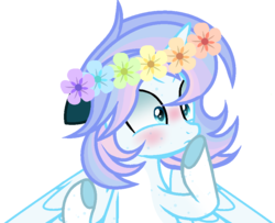 Size: 896x728 | Tagged: dead source, safe, artist:rainbows-skies, oc, oc only, oc:aqua artist, alicorn, pony, alicorn oc, blushing, floral head wreath, flower, flower in hair, hoof over mouth, male, raised hoof, raised hooves, simple background, solo, stallion, transparent background