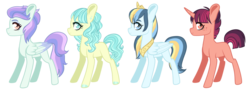 Size: 1195x433 | Tagged: safe, artist:whalepornoz, oc, oc only, oc:cinnamon spark, oc:diamond rhapsody, oc:evening blitz, oc:sunrise sky, earth pony, pegasus, pony, unicorn, adoptable, blank flank, colored hooves, colored wings, colored wingtips, crack ship offspring, crown, ear piercing, earring, female, filly, freckles, jewelry, magical lesbian spawn, offspring, parent:big macintosh, parent:coco pommel, parent:coloratura, parent:flash sentry, parent:lightning dust, parent:rarity, parent:twilight sparkle, parents:cocoratura, parents:flashlight, parents:raridust, parents:twimac, piercing, regalia, side view, simple background, transparent background