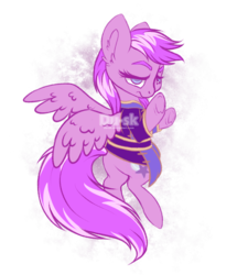 Size: 623x692 | Tagged: safe, artist:du-sk, oc, oc only, oc:sunset flourish, pegasus, pony, chibi, clothes, eyebrows, eyelashes, female, mare, obtrusive watermark, simple background, solo, spread wings, transparent background, watermark, wings