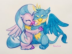 Size: 2048x1536 | Tagged: safe, artist:dawnfire, gallus, silverstream, classical hippogriff, griffon, hippogriff, g4, :>, :i, claws, cute, diastreamies, duo, eyes closed, female, gallabetes, happy, heart, hug, leg fluff, male, open mouth, ship:gallstream, shipping, silverstream hugs gallus, simple background, smiling, spread wings, straight, traditional art, unshorn fetlocks, white background, wings