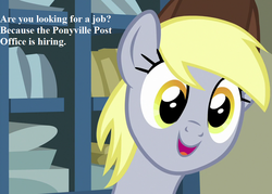 Size: 1008x720 | Tagged: safe, edit, edited screencap, editor:korora, screencap, derpy hooves, pegasus, pony, g4, my little pony best gift ever, bronybait, bust, caption, cropped, cute, derpabetes, dialogue, female, hat, image macro, job offer, mailmare hat, mare, open mouth, post office, smiling, solo, text