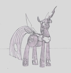 Size: 1280x1314 | Tagged: safe, artist:airship-king, artist:brainy-twilight, twilight sparkle, oc, changeling, changeling queen, cyborg, robot, robot changeling, g4, brainy twilight, changelingified, cyborgification, female, implied carapace, implied jarless, implied oc, queen twilight, robot body, robotic body, robotic changeling, shield, solo, species swap, twiling