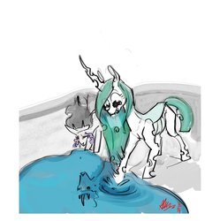 Size: 1196x1200 | Tagged: safe, oc, changeling, changeling queen, goat, changeling queen oc, duo, female, horn, limited palette, reflection, ripple, smiling, water