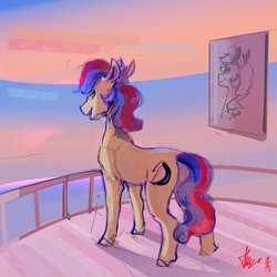 Size: 1200x1200 | Tagged: safe, artist:alumx, oc, oc only, earth pony, pony, butt, cutie mark, looking back, painting, plot, railing, smiling, solo
