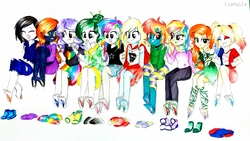 Size: 4128x2322 | Tagged: safe, artist:liaaqila, oc, oc only, oc:barbat gordon, oc:cross-hit, oc:har-harley queen, oc:jade rivers, oc:kara krypta, oc:maxie (ice1517), oc:pastel chole, oc:poison ivy (ice1517), oc:rainbow screech, oc:sugarfang, icey-verse, equestria girls, g4, barefoot, batgirl, batman, boots, bracelet, cape, choker, clothes, commission, converse, cute, dc comics, equestria girls-ified, eyes closed, eyeshadow, fangs, feather, feet, female, fetish, foot fetish, gloves, hairpin, hand on head, hand over mouth, harley quinn, heterochromia, high heels, hoodie, jeans, jewelry, kimono (clothing), laughing, leggings, magical lesbian spawn, makeup, multicolored hair, next generation, ocbetes, offspring, open mouth, pants, parent:evil pie hater dash, parent:flutterbat, parent:fluttershy, parent:rainbow dash, parents:flutterdash, parents:piehaterbat, pigtails, poison ivy, rainbow hair, raised eyebrow, sandals, shirt, shoes, shorts, signature, simple background, sisters, skirt, sneakers, supergirl, t-shirt, tattoo, tickle torture, tickling, torn clothes, traditional art, unamused, wall of tags, white background, wristband