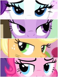 Size: 1200x1600 | Tagged: safe, screencap, applejack, pinkie pie, rarity, twilight sparkle, pony, g4, secret of my excess, simple ways, the last roundup, bedroom eyes, collage, smiling, smirk