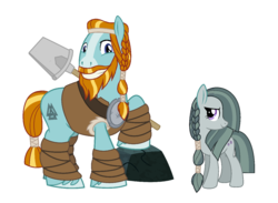 Size: 1320x966 | Tagged: safe, edit, editor:proto29, marble pie, rockhoof, earth pony, pony, g4, alternate hairstyle, beard, braid, clothes, crack shipping, eye contact, facial hair, female, grin, lidded eyes, looking at each other, male, marblehoof, mare, moustache, raised hoof, rock, shipping, shovel, simple background, size difference, smiling, smirk, stallion, straight, unshorn fetlocks, white background