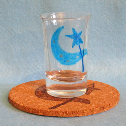 Size: 928x928 | Tagged: safe, artist:malte279, trixie, g4, coaster, cork, craft, cutie mark, glass, glass painting, pyrography, shot glass, traditional art