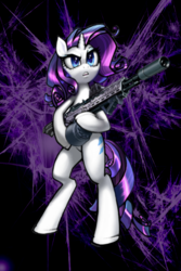 Size: 640x960 | Tagged: safe, artist:quent0s, artist:vombavr, rarity, pony, unicorn, g4, abstract background, badass rarity, bipedal, eotech, female, gun, hoof hold, magpul, mare, open mouth, solo, weapon