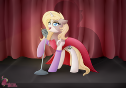 Size: 2962x2059 | Tagged: safe, artist:raspberrys, artist:raspberrystudios, oc, oc:pricklepear, pony, clothes, curtains, dress, female, high res, jessica rabbit, jessica rabbit dress, mare, microphone, singing, socks, stage, unicorn oc