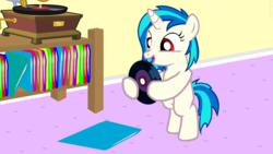 Size: 3840x2160 | Tagged: safe, artist:agkandphotomaker2000, dj pon-3, vinyl scratch, pony, unicorn, g4, bipedal, childhood innocence, female, filly, filly vinyl scratch, high res, open mouth, record player, solo, vinyl disc, young, younger
