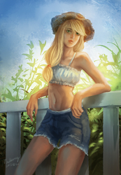 Size: 1300x1880 | Tagged: dead source, safe, artist:mulberry, applejack, equestria girls, g4, beautiful, belly button, clothes, daisy dukes, female, midriff, shorts, sleeveless, solo