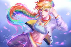 Size: 1806x1200 | Tagged: dead source, safe, artist:mulberry, rainbow dash, human, g4, bandeau, belly button, female, glasses, humanized, looking at you, midriff, solo