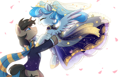 Size: 1900x1200 | Tagged: safe, artist:oofycolorful, oc, oc only, pegasus, pony, unicorn, clothes, dress, female, holding a pony, male, mare, oc x oc, scarf, shipping, stallion, straight, suit