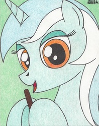 Size: 1636x2081 | Tagged: safe, artist:aracage, lyra heartstrings, pony, unicorn, g4, bust, female, food, hoof hold, mare, pocky, portrait, solo, traditional art