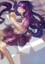 Size: 2480x3507 | Tagged: dead source, safe, artist:王木木怎么还会被占用, twilight sparkle, human, g4, clothes, cute, female, glasses, high res, humanized, skirt, sleeping, solo
