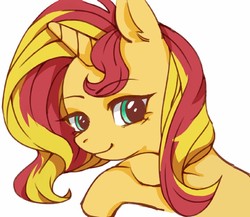 Size: 719x623 | Tagged: dead source, safe, artist:balabala, sunset shimmer, pony, unicorn, g4, cute, ear fluff, female, looking at you, mare, shimmerbetes, simple background, smiling, solo, white background
