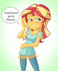 Size: 892x1100 | Tagged: safe, artist:lordfunkyfist, sunset shimmer, equestria girls, g4, anti-bronybait, female, simple background, smiling, solo, talking to viewer, truth, your waifu will never love you