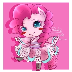 Size: 1000x1000 | Tagged: safe, artist:roya, pinkie pie, earth pony, anthro, g4, ambiguous facial structure, blush sticker, blushing, boots, clothes, colored pupils, cute, diapinkes, digital art, dress, female, kimono (clothing), lolita fashion, pixiv, shoes, smiling, solo, wa-loli