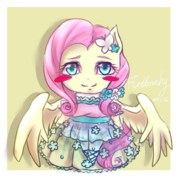 Size: 1000x1000 | Tagged: safe, artist:roya, fluttershy, pegasus, anthro, g4, ambiguous facial structure, blush sticker, blushing, clothes, cute, dress, female, flower, flower in hair, hairpin, pixiv, ponytail, shyabetes, smiling, solo, starry eyes, wingding eyes