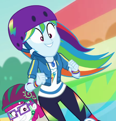 Size: 903x948 | Tagged: safe, screencap, little red, rainbow dash, equestria girls, g4, my little pony equestria girls: better together, sic skateboard, background human, clothes, cropped, female, geode of super speed, helmet, hoodie, magical geodes, pants