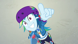 Size: 1920x1080 | Tagged: safe, screencap, rainbow dash, equestria girls, equestria girls series, sic skateboard, spoiler:eqg series (season 2), clothes, converse, cute, dashabetes, female, geode of super speed, helmet, hoodie, looking at you, magical geodes, pants, pointing, shoes, skateboard, smiling, sneakers, solo