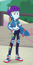 Size: 425x844 | Tagged: safe, screencap, rainbow dash, equestria girls, equestria girls series, g4, sic skateboard, spoiler:eqg series (season 2), breaking the fourth wall, clothes, converse, cropped, cutie mark on clothes, elbow pads, female, geode of super speed, hand on hip, helmet, hoodie, jewelry, knee pads, magical geodes, necklace, pants, shoes, skateboard, smiling, sneakers, solo, sweatpants, wristband