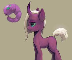 Size: 900x747 | Tagged: safe, artist:grissaecrim, insect, pony, unicorn, curved horn, horn, simple background, smiling, solo