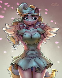 Size: 1554x1947 | Tagged: safe, artist:holivi, vapor trail, pegasus, anthro, g4, backlighting, beautiful, beauty mark, bedroom eyes, big breasts, blushing, breasts, busty vapor trail, cleavage, clothes, curvy, female, flower petals, hands behind back, huge breasts, impossibly thin waist, lidded eyes, lips, solo, thigh gap, thighs, who needs an entire pelvis anyway, wide hips