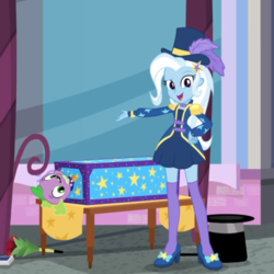Size: 540x540 | Tagged: safe, screencap, spike, spike the regular dog, trixie, dog, equestria girls, g4, my little pony equestria girls: better together, street magic with trixie, cute, diatrixes, female, hat, looking at you, male, top hat