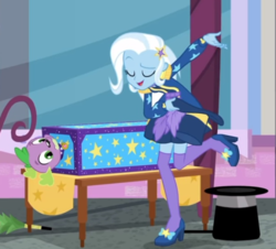 Size: 540x489 | Tagged: safe, screencap, spike, spike the regular dog, trixie, dog, equestria girls, g4, my little pony equestria girls: better together, street magic with trixie, clothes, female, hat, high heels, male, shoes, socks, stockings, thigh highs, top hat, zettai ryouiki