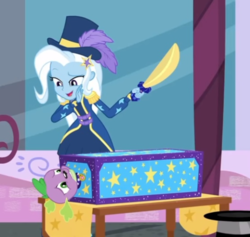 Size: 540x511 | Tagged: safe, screencap, spike, spike the regular dog, trixie, dog, equestria girls, g4, my little pony equestria girls: better together, street magic with trixie, box, box sawing trick, female, magic trick, male
