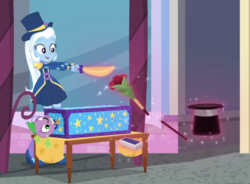 Size: 540x397 | Tagged: safe, screencap, spike, spike the regular dog, trixie, dog, equestria girls, equestria girls series, g4, street magic with trixie, spoiler:eqg series (season 2), bouquet, box, box sawing trick, deck of cards, hat, magic trick, top hat