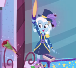 Size: 540x483 | Tagged: safe, screencap, spike, trixie, equestria girls, g4, my little pony equestria girls: better together, street magic with trixie, bouquet, box, box sawing trick, cute, deck of cards, diatrixes, epaulettes, hat, magic trick, sword, top hat, weapon, zettai ryouiki