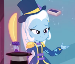 Size: 540x463 | Tagged: safe, screencap, trixie, equestria girls, equestria girls series, g4, street magic with trixie, spoiler:eqg series (season 2), cute, deck of cards, diatrixes, hat, sword, top hat, weapon