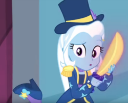 Size: 540x437 | Tagged: safe, screencap, trixie, equestria girls, g4, my little pony equestria girls: better together, street magic with trixie, cute, diatrixes, female, hat, high heels, looking at you, shoes, sword, top hat, weapon