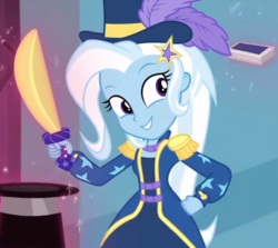 Size: 540x481 | Tagged: safe, screencap, trixie, equestria girls, equestria girls series, g4, street magic with trixie, spoiler:eqg series (season 2), cute, deck of cards, diatrixes, hat, looking at you, sword, top hat, weapon