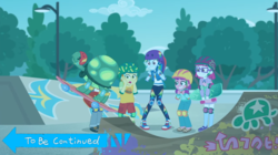 Size: 1407x789 | Tagged: safe, edit, edited screencap, screencap, gallop j. fry, lily longsocks, little red, rainbow dash, super funk, tank, tortoise, equestria girls, g4, my little pony equestria girls: better together, sic skateboard, background human, child, children, clothes, converse, helmet, jojo's bizarre adventure, shoes, skateboard, sneakers, to be continued, to be continued (meme), written equestrian