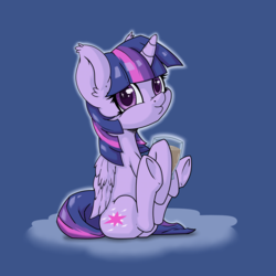 Size: 3000x3000 | Tagged: safe, artist:misterph0enix, twilight sparkle, alicorn, pony, g4, blue background, chocolate, chocolate milk, cute, ear fluff, female, high res, hoof hold, looking at you, milk, simple background, sitting, solo, twiabetes, twilight sparkle (alicorn), underhoof