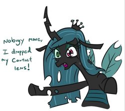 Size: 553x492 | Tagged: safe, artist:jargon scott, queen chrysalis, changeling, changeling queen, g4, contact lens, dialogue, female, simple background, solo, white background