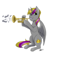 Size: 1000x1000 | Tagged: safe, artist:kira okamiden, oc, oc only, oc:royal radiance, alicorn, pony, alicorn oc, cute, doot, male, meme, musical instrument, silly, stallion, trumpet
