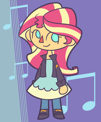 Size: 652x790 | Tagged: safe, artist:typhwosion, sunset shimmer, equestria girls, g4, animal crossing, cute, female, music notes, no pupils, shimmerbetes, solo, style emulation