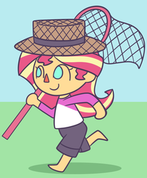 Size: 652x790 | Tagged: safe, artist:typhwosion, sunset shimmer, equestria girls, g4, animal crossing, barefoot, cute, feet, female, hat, net, no pupils, shimmerbetes, solo, style emulation