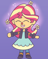 Size: 652x790 | Tagged: safe, artist:typhwosion, sunset shimmer, equestria girls, g4, animal crossing, blue background, cute, eyes closed, female, flower, happy, open mouth, shimmerbetes, simple background, solo, style emulation