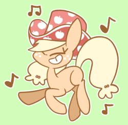 Size: 1056x1029 | Tagged: safe, artist:typhwosion, applejack, pony, g4, apple hat, applehat, applejack's hat, cowboy hat, cute, eyes closed, female, green background, grin, grinding, hat, jackabetes, missing cutie mark, music notes, simple background, smiling, solo