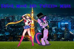 Size: 2200x1467 | Tagged: safe, twilight sparkle, pony, unicorn, g4, bipedal, boots, cape, city, clothes, crossed hooves, crossover, domino mask, female, glasses, grass, hat, high heel boots, irl, looking at you, looking back, looking back at you, mare, miniskirt, peace sign, photo, photoshop, ponies in real life, pose, pun, sailor moon (series), shoes, skirt, smiling, sunglasses, text, tokyo, top hat, tuxedo mask, twixedo mask, unicorn twilight, wat
