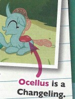 Size: 150x196 | Tagged: safe, ocellus, changedling, changeling, g4, arrow, captain obvious, cute, diaocelles, eyes closed, female, floppy ears, happy, magazine scan, open mouth, smiling, solo focus, teenager, text, truth